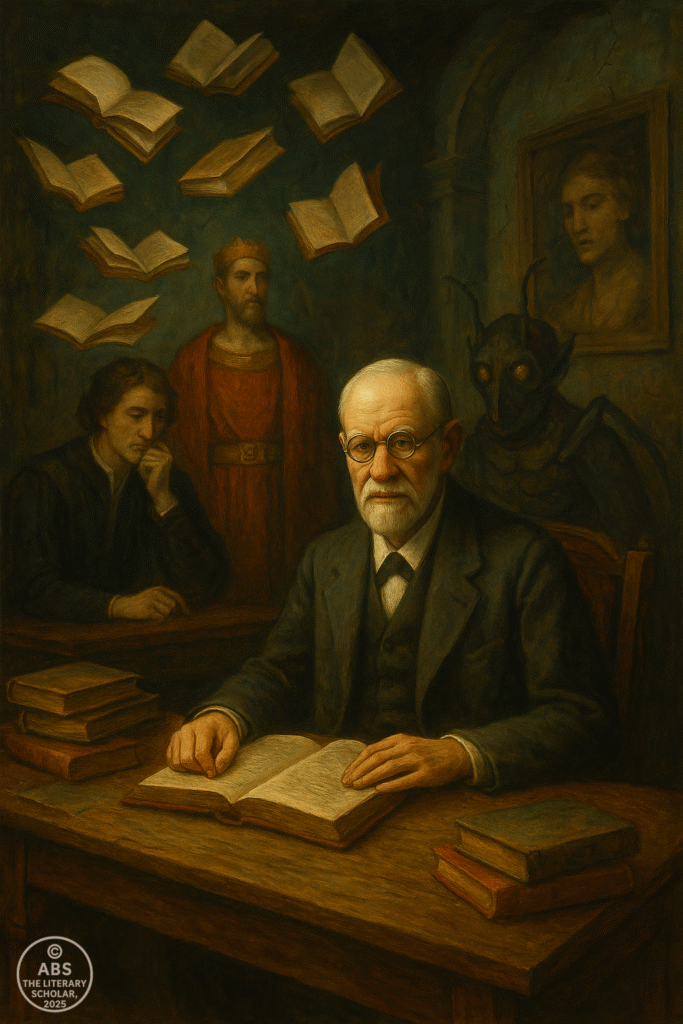 Freud sits at a wooden desk with Hamlet, Oedipus, and Gregor Samsa nearby, surrounded by floating books in a dim, surreal literary study.