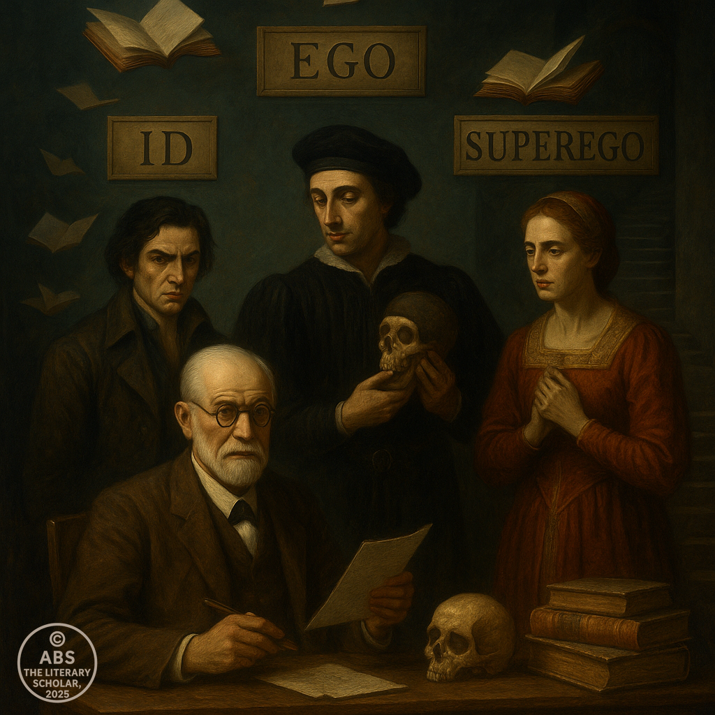 reud seated at a desk while Heathcliff (Id), Hamlet (Ego), and Lady Macbeth (Superego) stand behind him under labeled plaques, with floating books and skulls adding surreal symbolism.