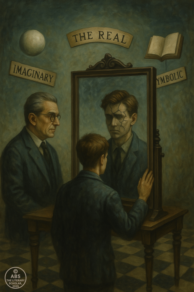 Psychoanalytic Theory in Literature, Jacques Lacan observes a man gazing into a cracked mirror, with floating signs labeled The Real, Imaginary, and Symbolic surrounding the surreal scene.