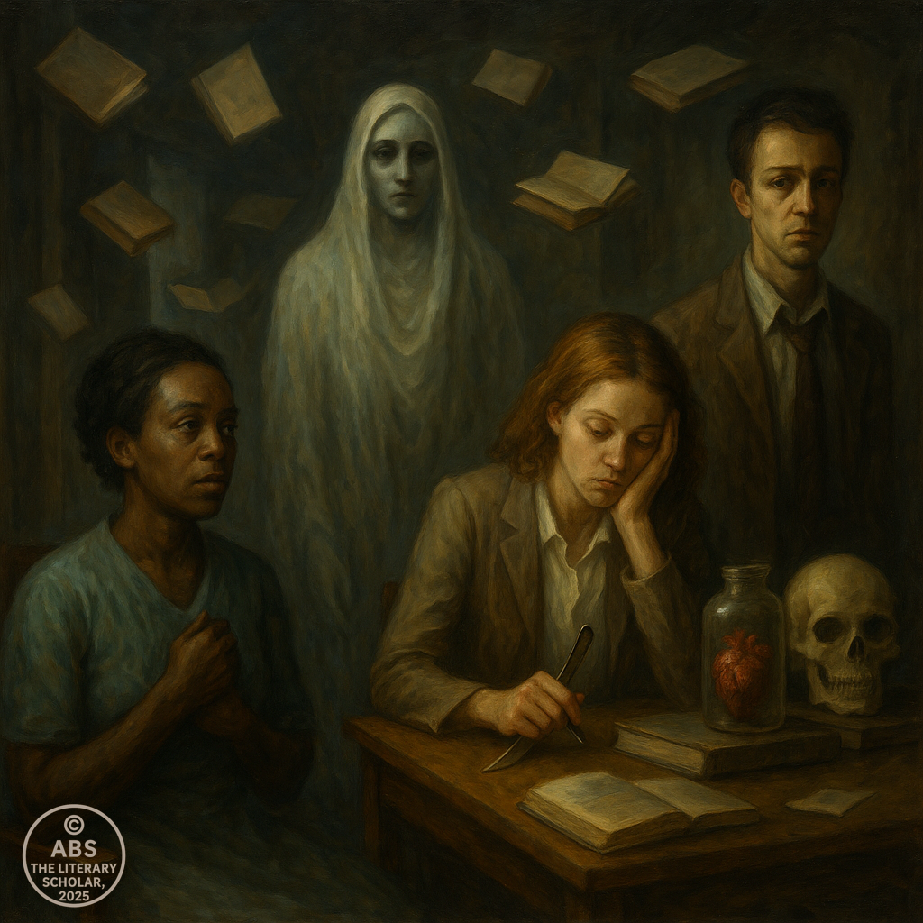 Psychoanalytic Theory in Literature, A surreal literary scene where Sethe, Esther Greenwood, and the Narrator from Fight Club sit in a dim room surrounded by floating books, a ghostly figure, and symbolic objects like a skull and a jarred heart.