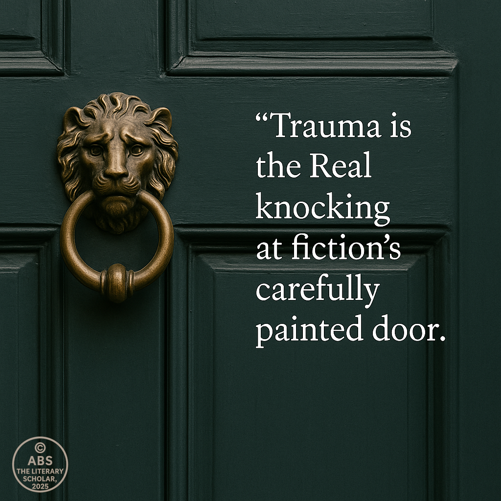Psychoanalytic Theory in Literature, A dark green door with a brass lion head knocker beside the quote: “Trauma is the Real knocking at fiction’s carefully painted door.”