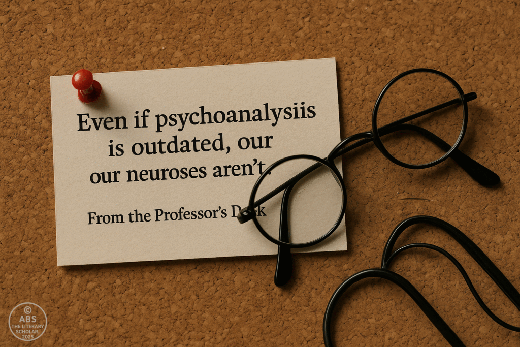 A corkboard with a quote card pinned beside a pair of black round eyeglasses, reading, “Even if psychoanalysis is outdated, our neuroses aren’t. From the Professor’s Desk.”