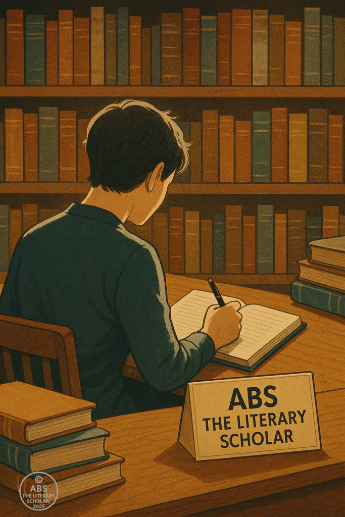 A back-facing view of ABS the Literary Scholar writing at a desk in a sunlit study filled with books, a placard reading “ABS The Literary Scholar” on the table.