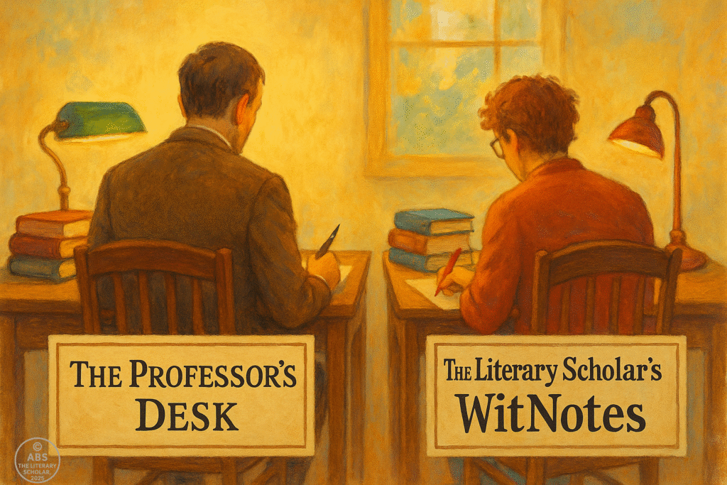 Two people writing at separate desks—one labeled “The Professor’s Desk” and the other “The Literary Scholar’s WitNotes”—in a warm, sunlit study.