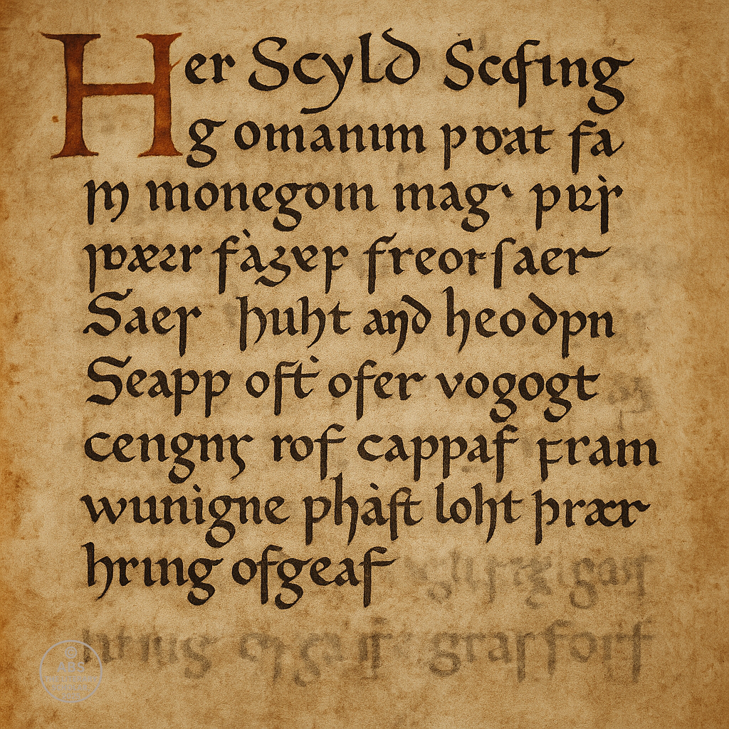 Close-up of an Anglo-Saxon manuscript with Old English text in Gothic script on aged parchment