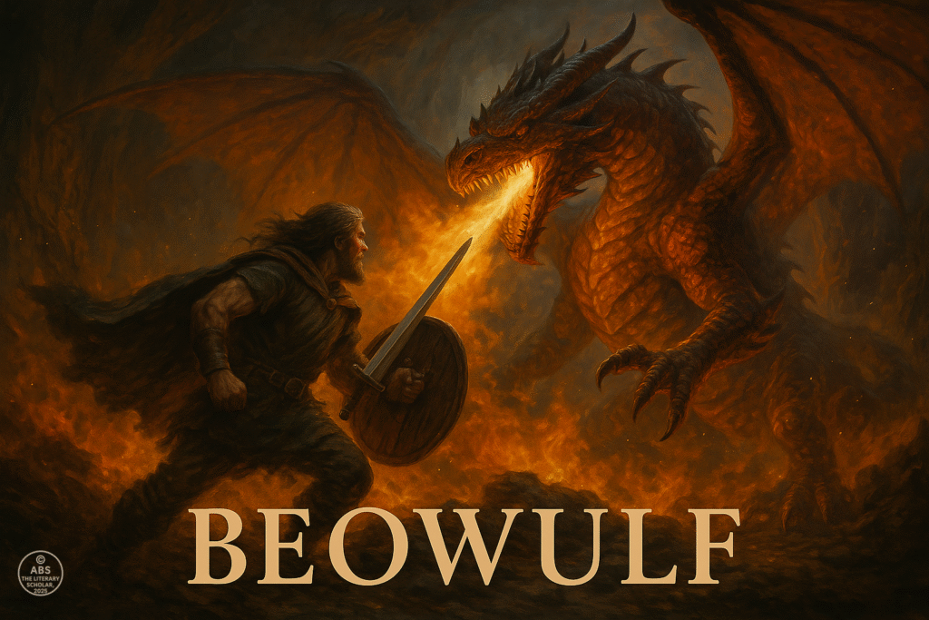Beowulf battling a fierce fire-breathing dragon with a sword in hand amidst flames and smoke in a dramatic medieval scene