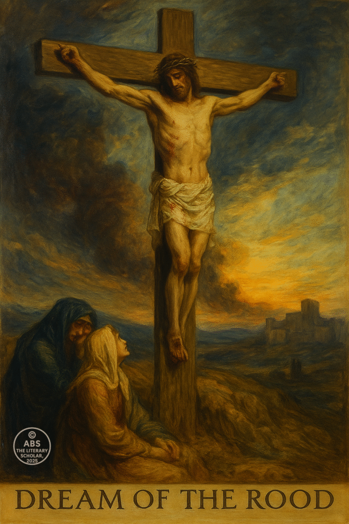 Crucifixion scene inspired by Dream of the Rood with Christ on the cross, mourners below, and dramatic sky
