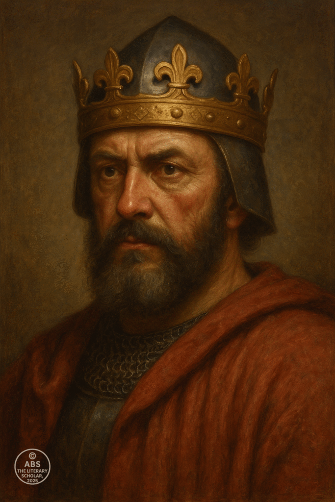 Realistic oil painting of William of Normandy (William the Conqueror) wearing a crown and chainmail