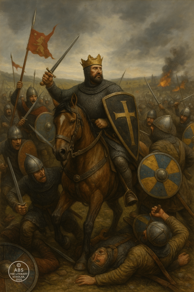 Realistic painting of the Norman Conquest led by William of Normandy, featuring mounted Norman knights charging into battle against Anglo-Saxon forces