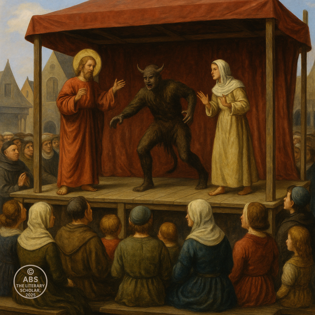 Realistic medieval scene of an outdoor stage with actors performing a religious play, watched by a crowd