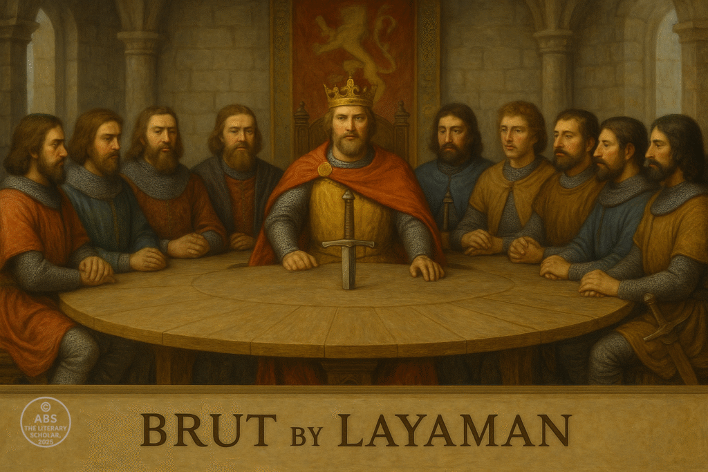 Realistic painting of King Arthur and the Knights of the Round Table, with “Brut by Layamon” written below