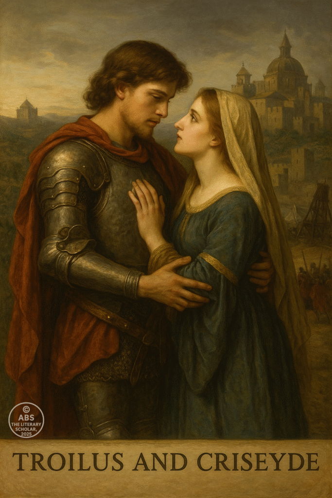 Realistic painting of Troilus and Criseyde embracing with ancient Troy in the background