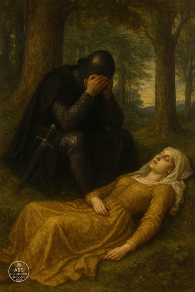 Realistic painting of a mourning knight in black beside a noble lady lying in repose, from Chaucer’s Book of the Duchess*