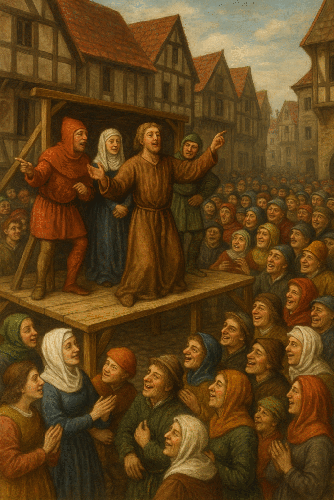 Realistic painting of a Wakefield Cycle performance in a medieval street, with actors in simple costumes performing before a lively crowd