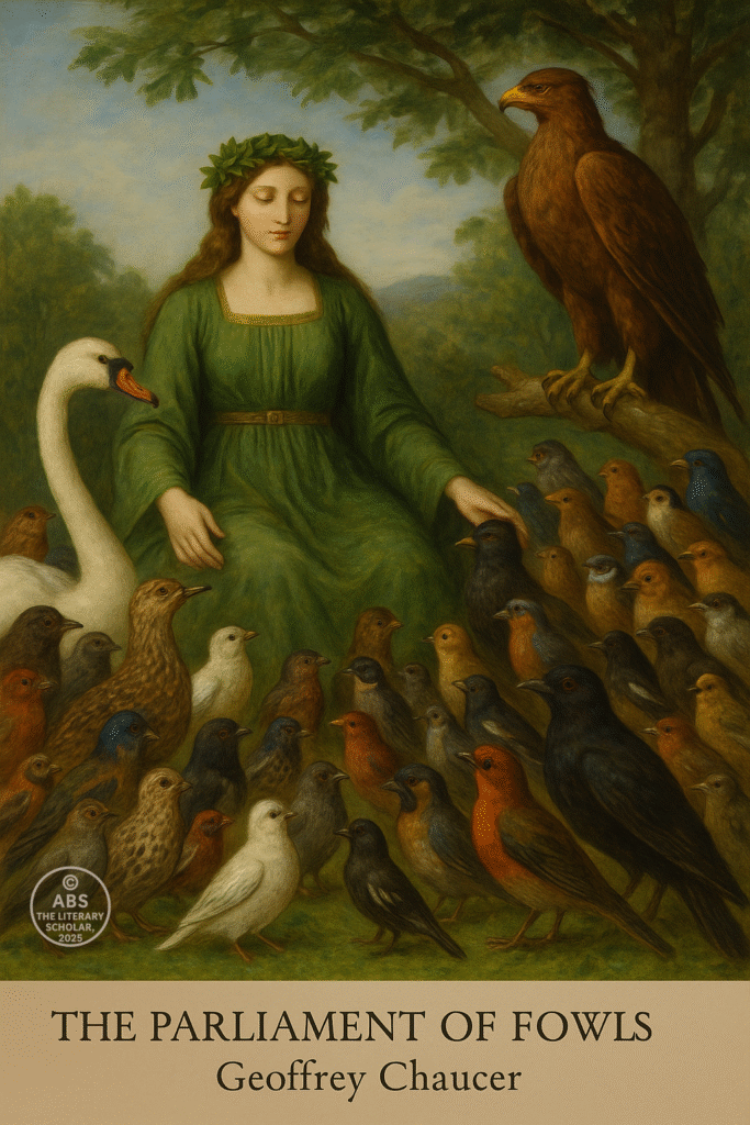 Realistic painting of the goddess Nature presiding over an assembly of birds, with an eagle and various species gathered, inspired by Chaucer’s The Parliament of Fowls*