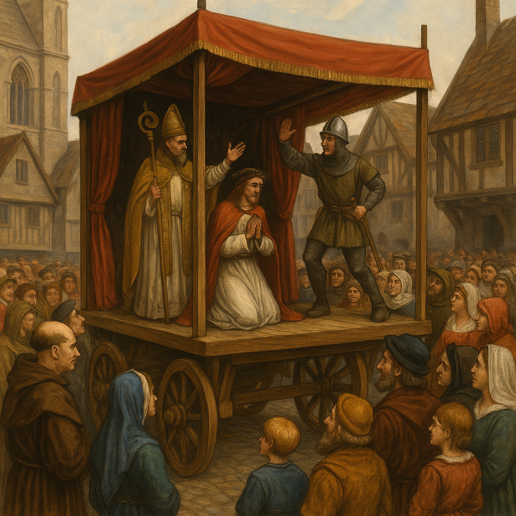 Realistic painting of a York Mystery Play performed on a stage wagon in a medieval town square, with actors enacting a biblical scene and a large crowd watching