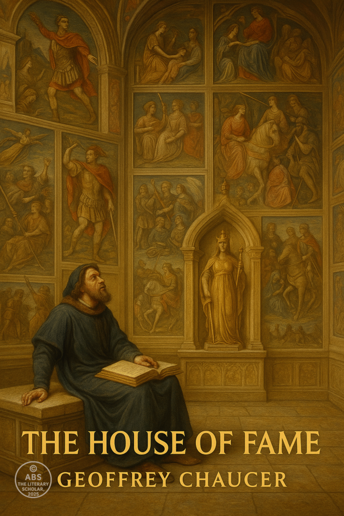 Realistic painting of a medieval scholar seated in the House of Fame, surrounded by walls covered with mythological and historical stories, from Chaucer’s The House of Fame*
