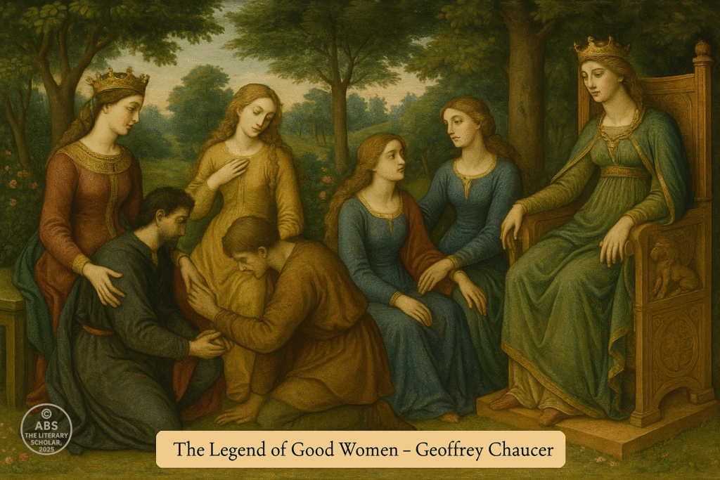 Realistic painting of noble women from Chaucer’s Legend of Good Women, including Cleopatra, Thisbe, Dido, and others, with their lovers