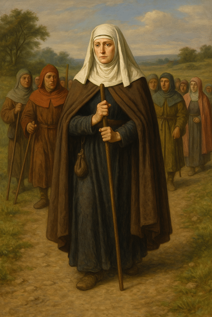 Realistic painting of Margery Kempe on pilgrimage, holding a staff, with medieval pilgrims following her through a countryside path