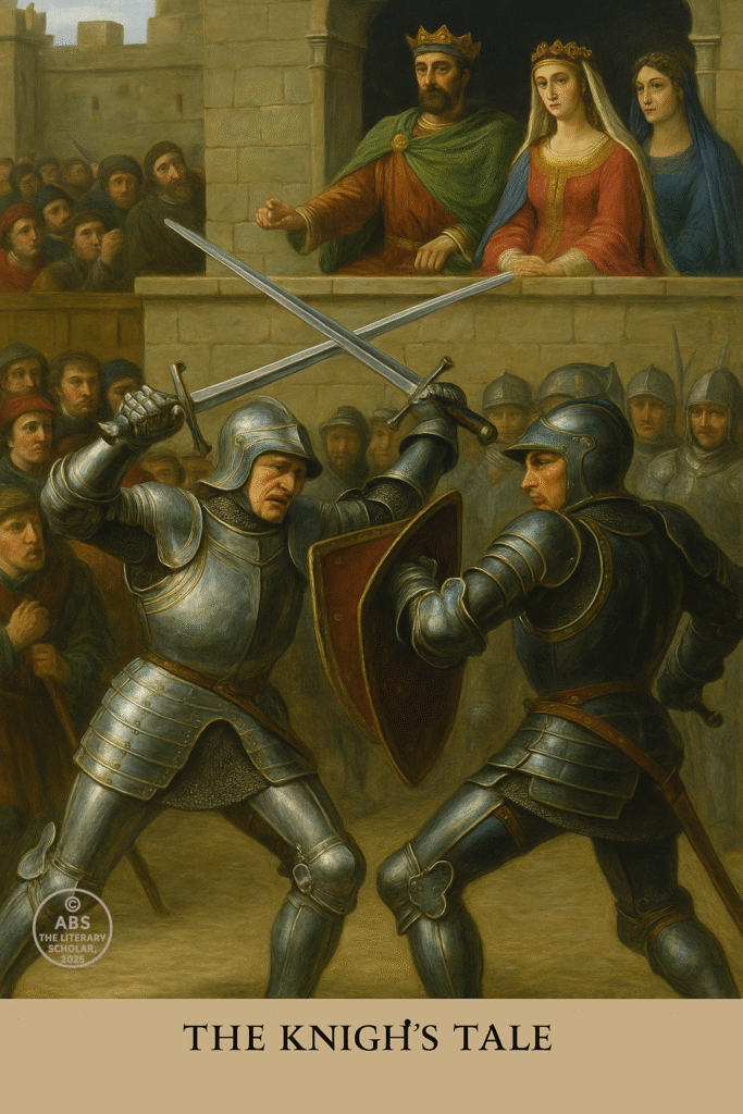 Realistic painting of Arcite and Palamon dueling in armor as Duke Theseus, Queen Hippolyta, and Emilia watch from above, from Chaucer’s The Knight’s Tale*