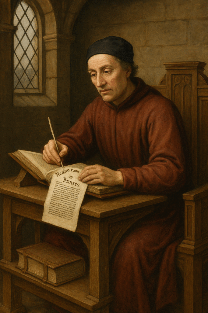 Realistic painting of Thomas Hoccleve writing Regiment of Princes at his desk in a medieval study, with books and manuscripts