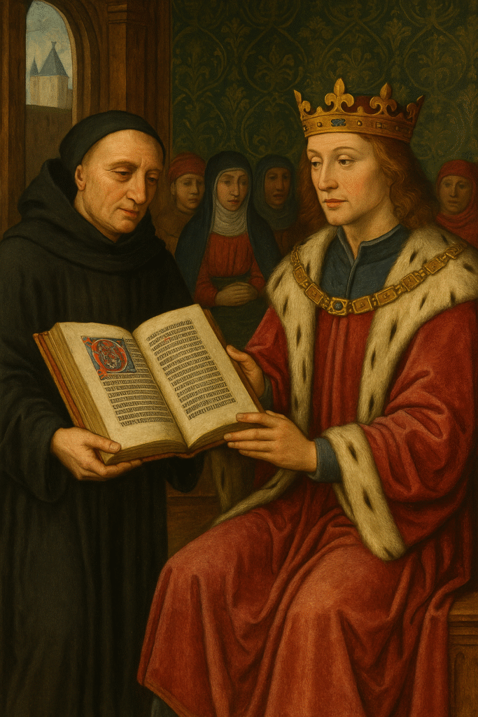 Realistic painting of John Lydgate offering an illuminated manuscript to a noble patron in a medieval court setting