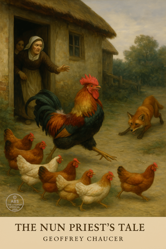 Realistic painting of Chanticleer the rooster with seven hens, a fox approaching, and a widow with her two daughters watching from their cottage, from Chaucer’s The Nun Priest’s Tale*