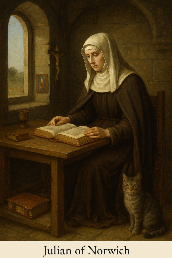 Realistic painting of Julian of Norwich in her anchorite cell, reading a book with a cat at her feet, a window, and religious symbols nearby