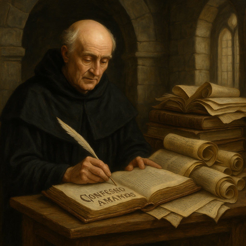 Realistic painting of John Gower writing Confessio Amantis, surrounded by scrolls and manuscripts in a medieval scriptorium