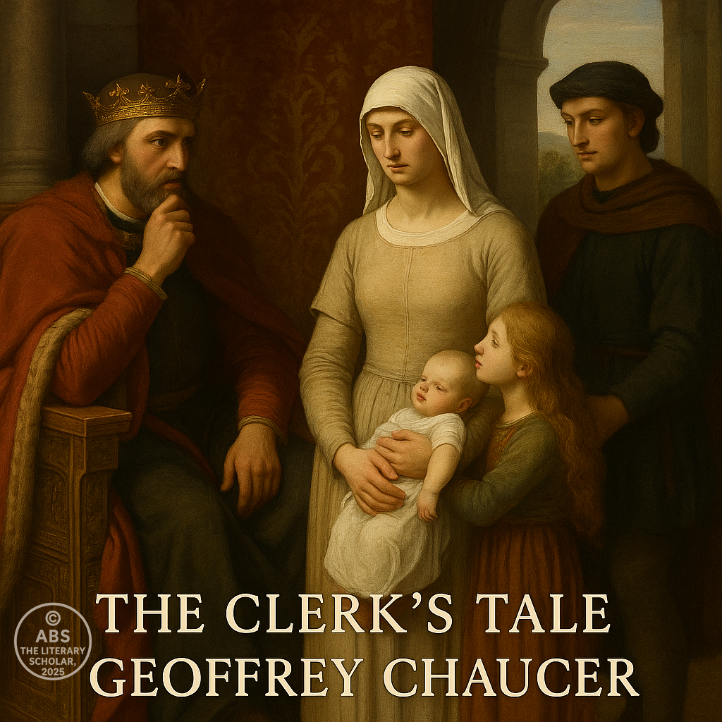 Realistic painting of Griselda standing humbly with her children before her husband, King Walter, from Chaucer’s The Clerk’s Tale*