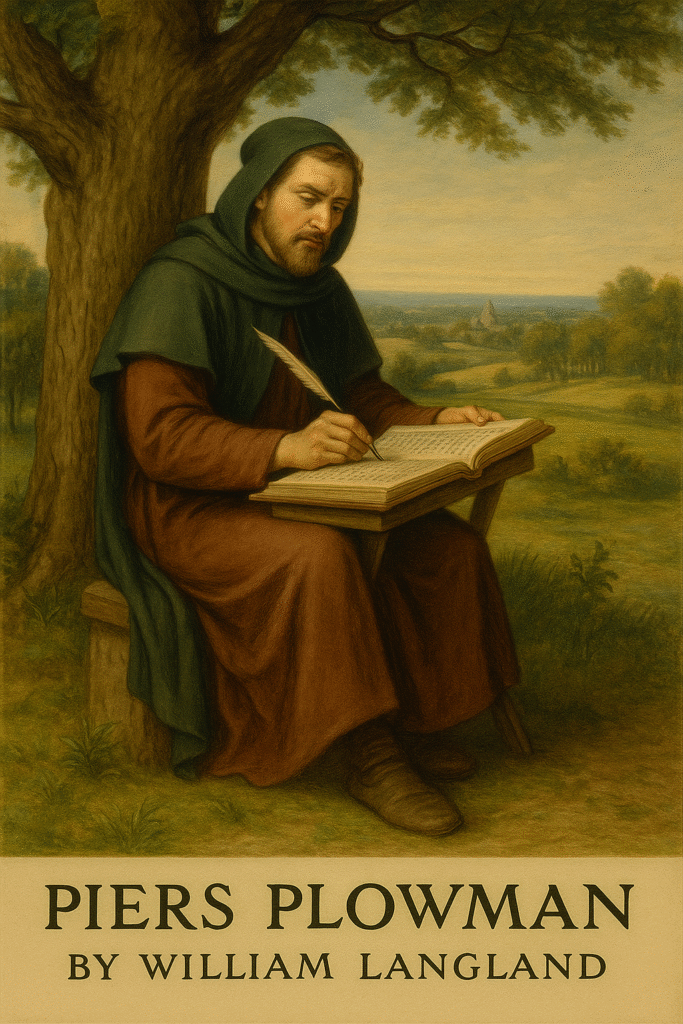 Realistic painting of William Langland writing Piers Plowman beneath a tree, using a quill and manuscript