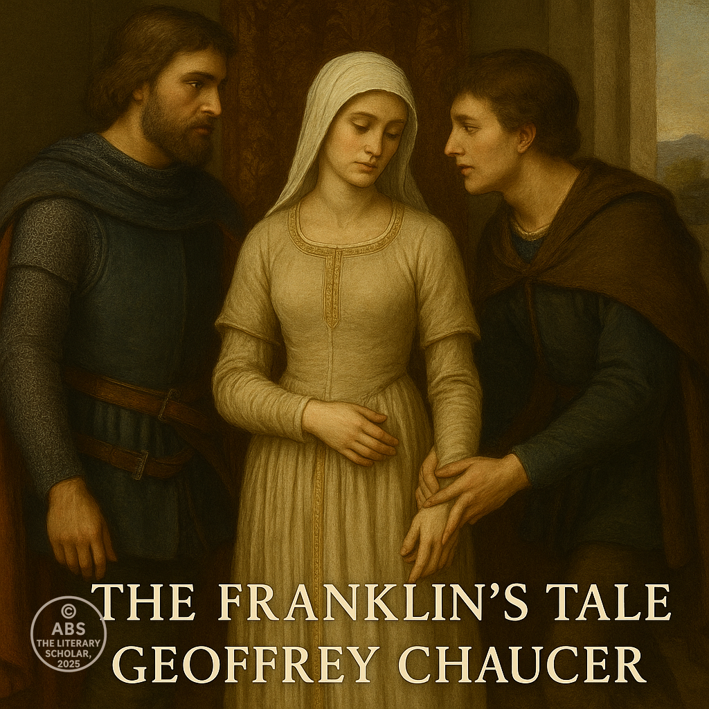 Realistic painting of Arveragus, Dorigen, and Aurelius in a medieval interior, with Dorigen caught between the two men, from Chaucer’s The Franklin’s Tale*