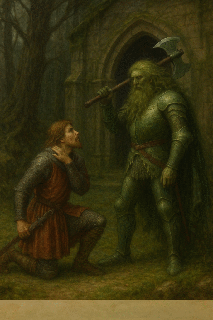 Realistic painting of Sir Gawain kneeling before the Green Knight at the Green Chapel, as the Green Knight raises his axe to strike