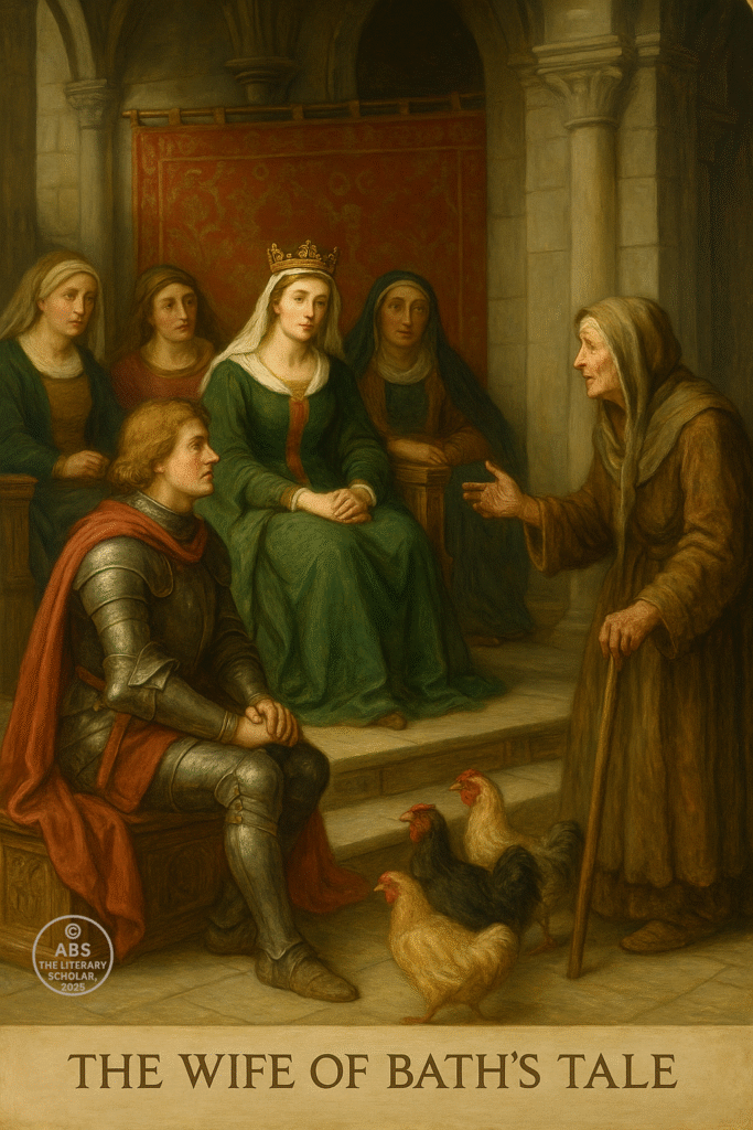 Realistic painting of a knight kneeling before Queen Guinevere and her court, with an old woman addressing him, from Chaucer’s The Wife of Bath’s Tale*
