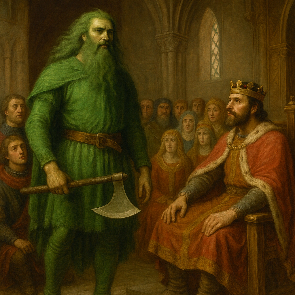 Realistic painting of the Green Knight entering King Arthur’s court with an axe, as Arthur and his courtiers look on in awe