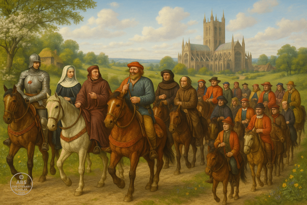 A wide medieval illustration of Geoffrey Chaucer and a large group of diverse pilgrims on horseback, riding along a winding country path toward Canterbury Cathedral. The colorful pilgrims, including a knight, prioress, miller, clerk, monk, summoner, pardoner, merchant, and Chaucer, interact with each other amid a lush English landscape with rolling hills, spring flowers, ancient trees, and medieval cottages, with the grand Gothic spires of Canterbury Cathedral in the distance under a bright blue sky.