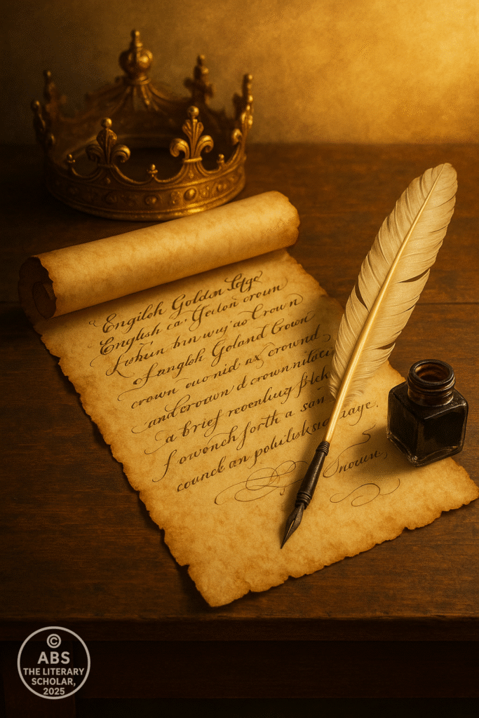 Aged parchment scroll with calligraphy, quill, ink bottle, and a golden crown in the background, bathed in warm light.