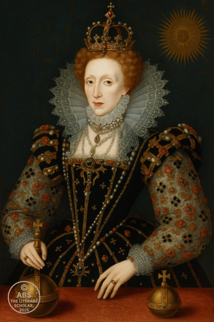 Classic portrait of Queen Elizabeth I in regal attire, wearing a jeweled crown, with sunburst imagery in the background.
