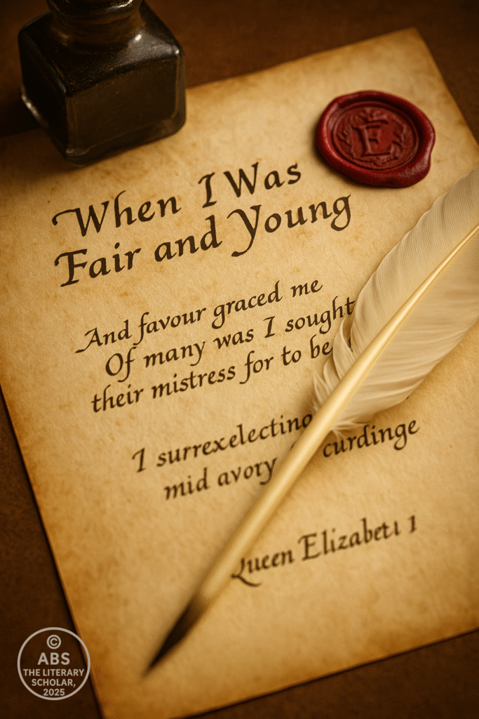Close-up of Queen Elizabeth I’s poem "When I Was Fair and Young" on aged parchment, with quill, wax seal, and inkwell.