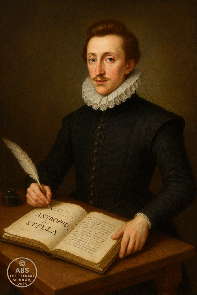 Portrait of Sir Philip Sidney seated at a table with an open Astrophel and Stella manuscript, quill in hand.