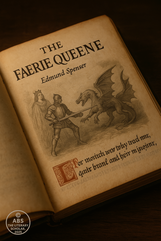 Open parchment book showing Edmund Spenser’s The Faerie Queene with an illustration of a knight, dragon, and queen.
