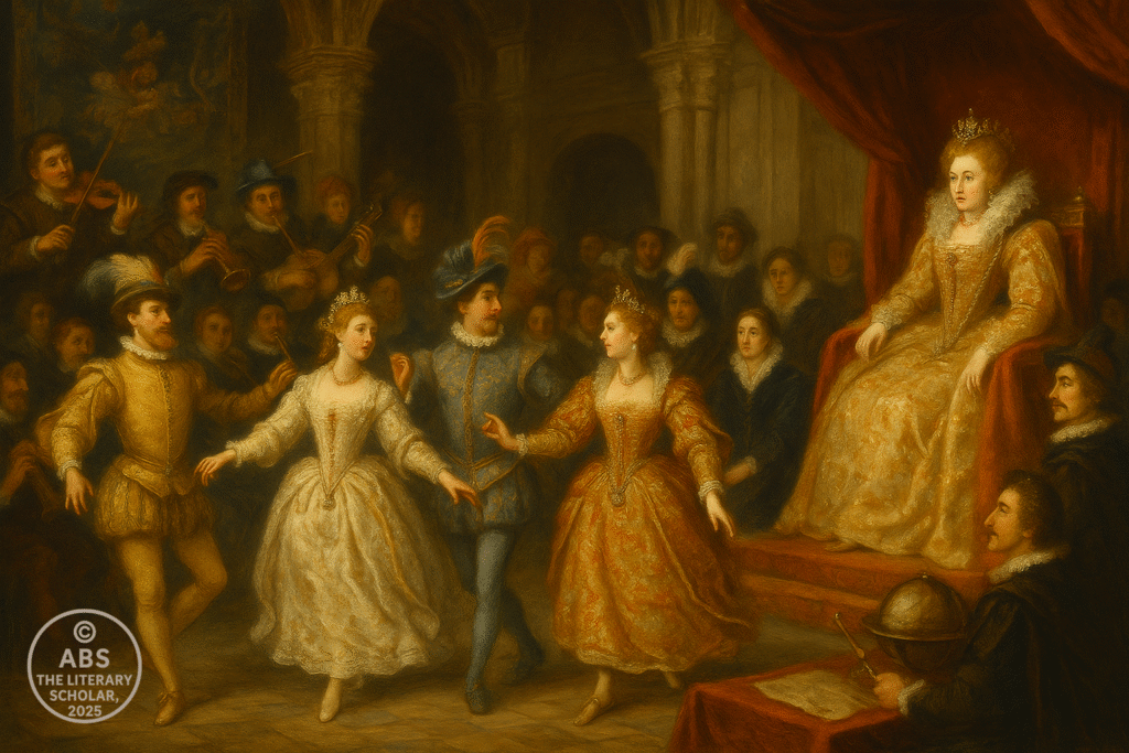 Grand Elizabethan court masque with Queen Elizabeth I seated on a raised platform, surrounded by dancers and musicians in elaborate costumes.