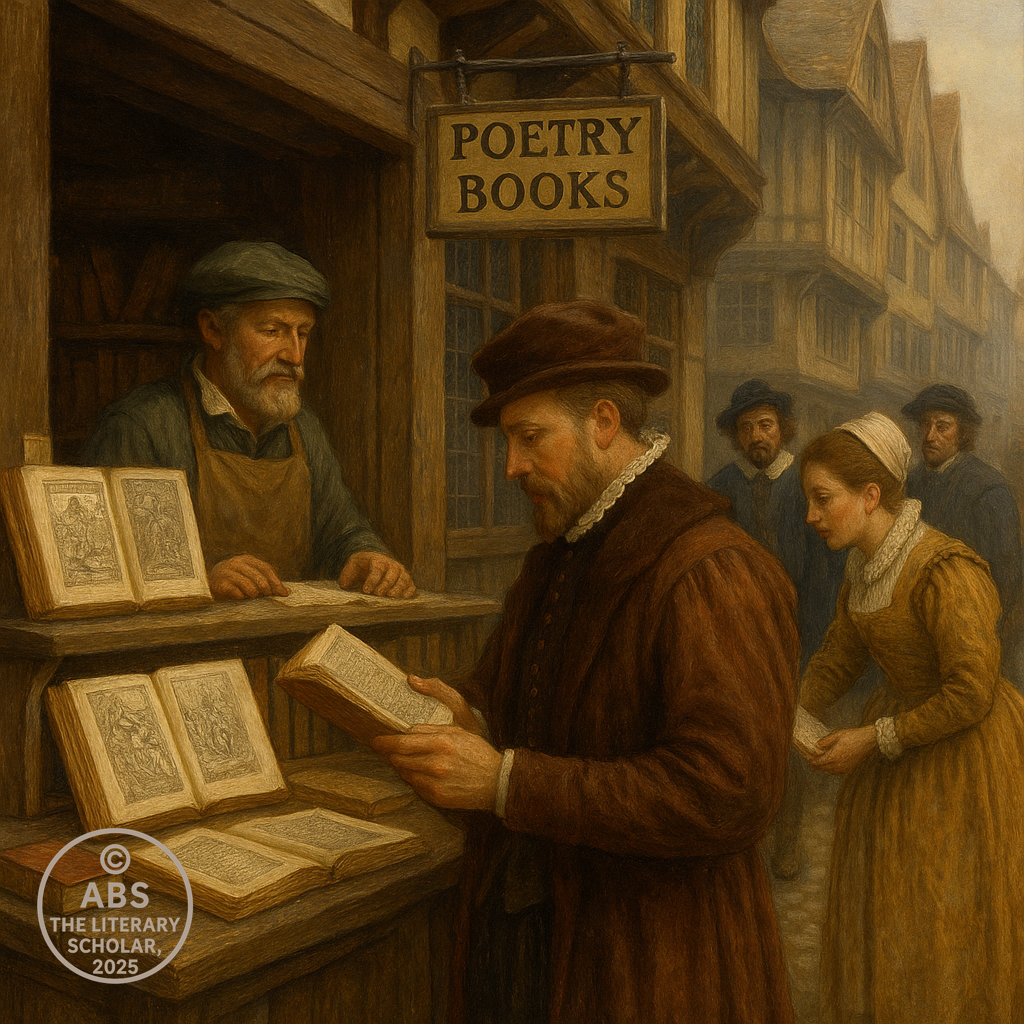 Renaissance London street scene with a bookseller’s stall labeled "Poetry Books," people browsing printed poetry.