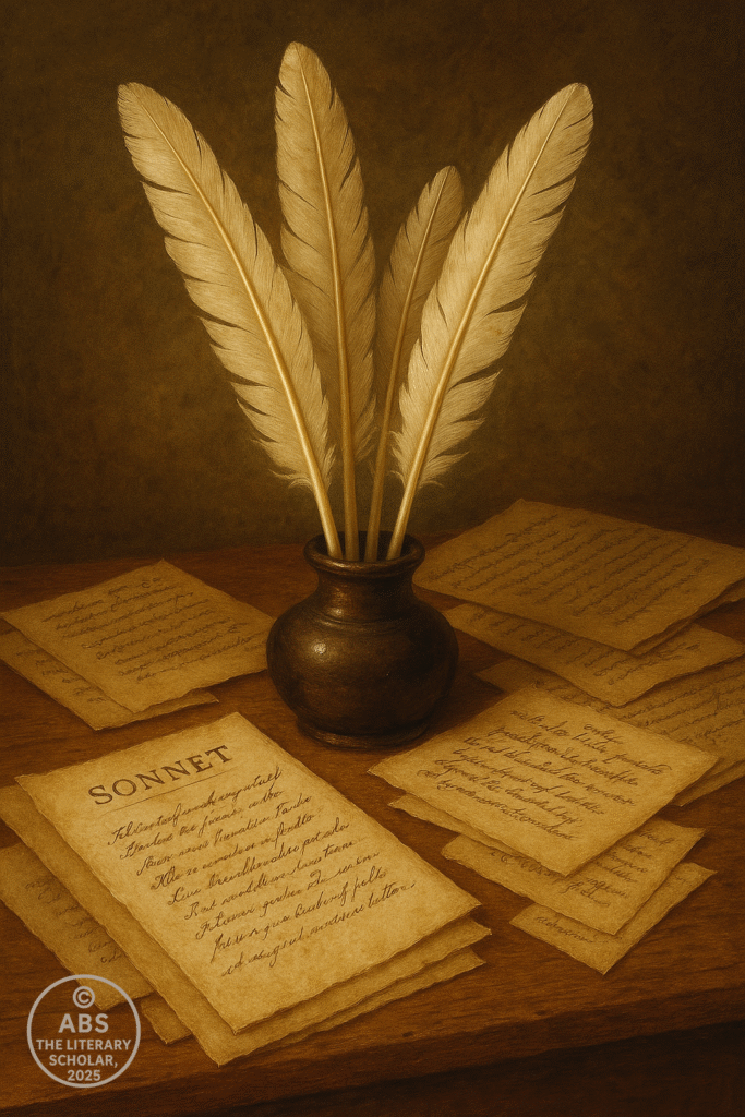 Four quills in an inkstand surrounded by aged parchment sheets of Elizabethan poetry.