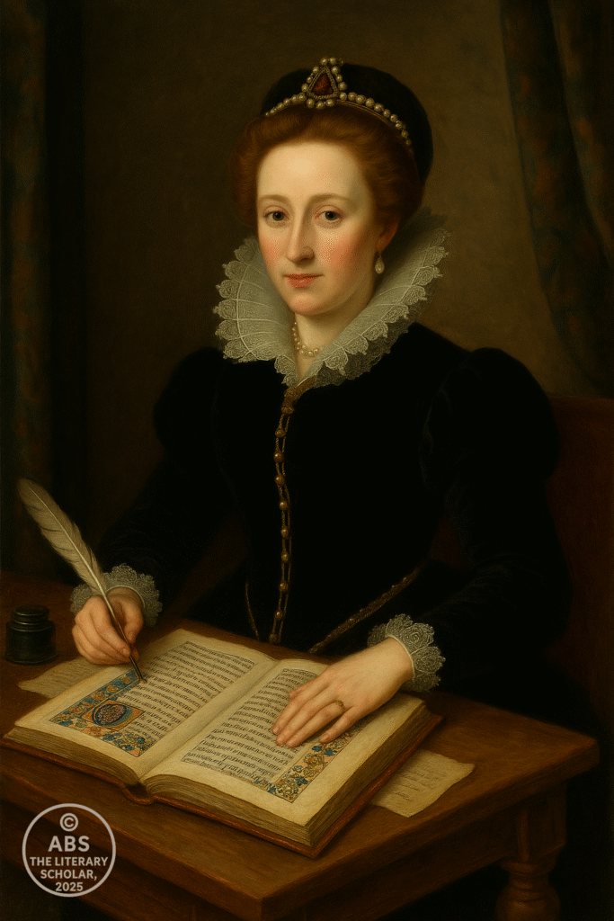 Mary Sidney Herbert seated at a wooden desk, writing with a quill over an illuminated manuscript with floral designs.