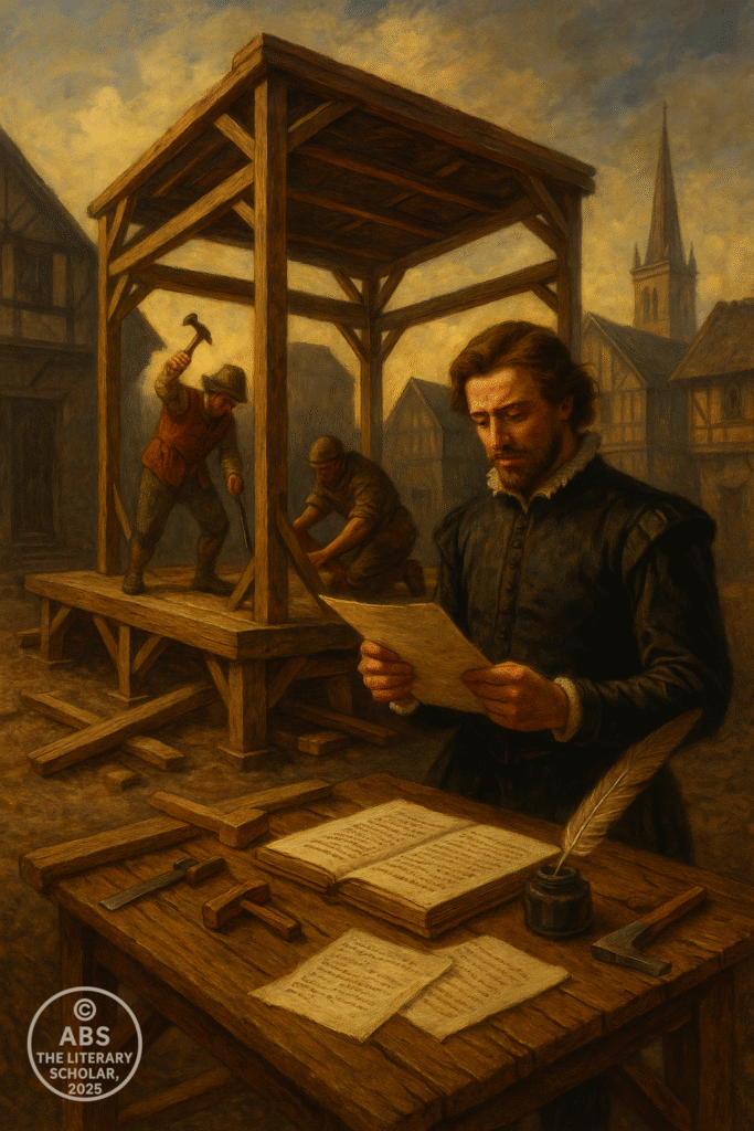 Elizabethan stage under construction at dusk, actor rehearsing lines near carpenters building the wooden frame.