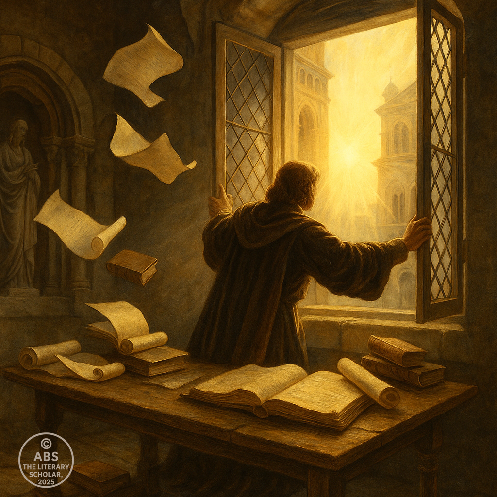 Renaissance scholar opening a window to golden sunlight, surrounded by scrolls and books, with Gothic architecture outside.