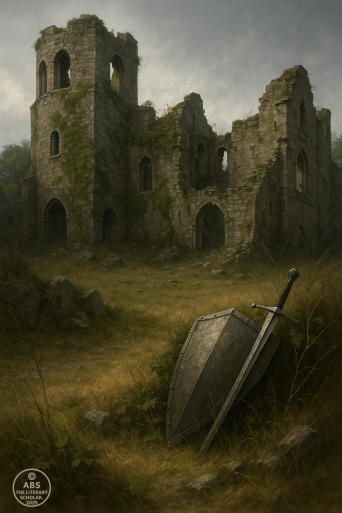 Ruined medieval castle overgrown with vines, with an abandoned shield and sword lying in tall grass.