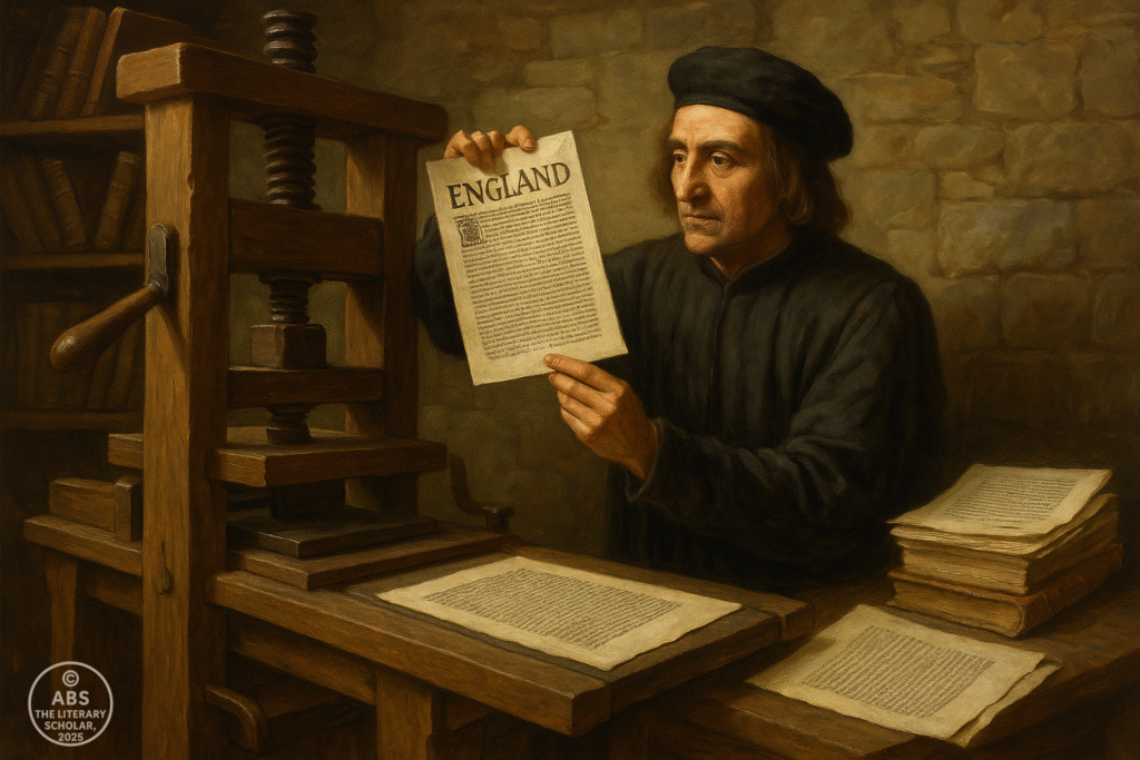 William Caxton holding a freshly printed page labeled "ENGLAND" beside a 15th-century wooden printing press.