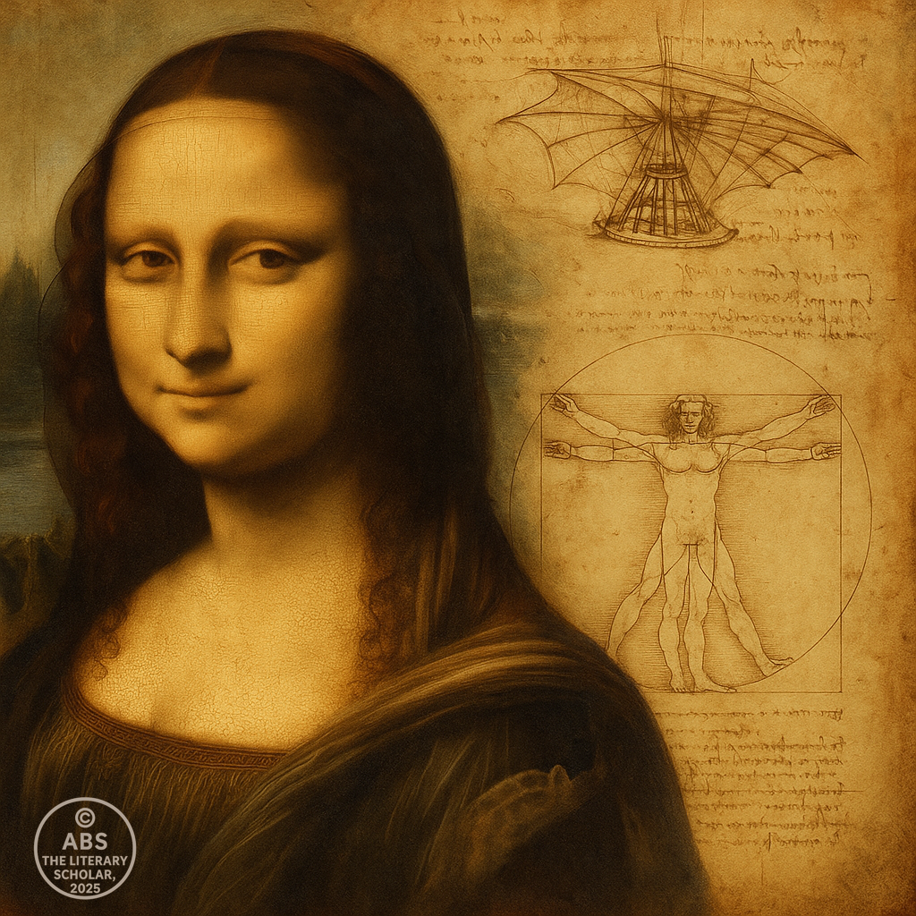 Montage of Leonardo da Vinci’s Mona Lisa alongside sketches of the Vitruvian Man and flying machines.